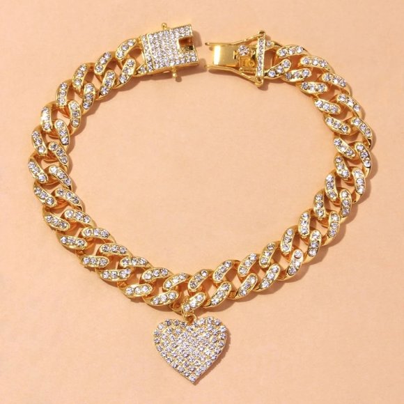 Chunky Miami Heart Shaped Cuban Link Foot Chain Anklet Bracelet Rhinestone - Picture 6 of 6